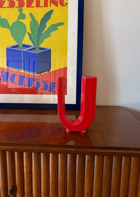 Image 1 of Jarrón solifleur de cerámica en forma de letra U roja de la era espacial, Marcel Radureau ca. 1970