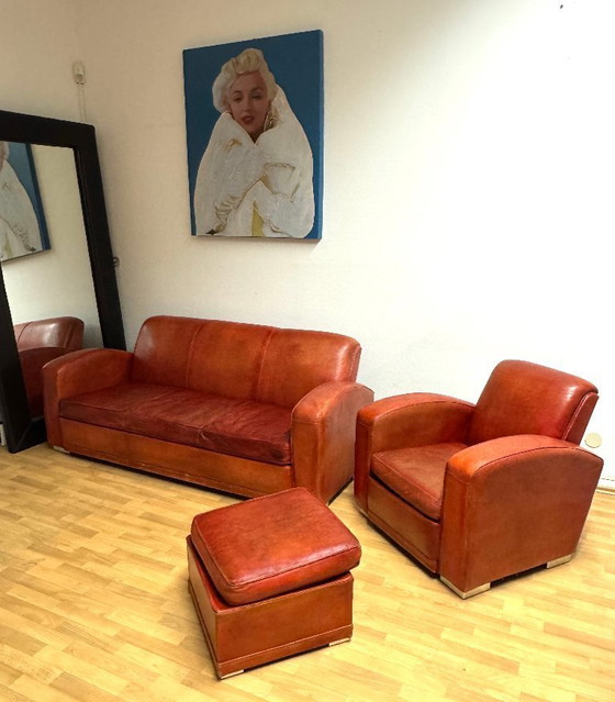 Image 1 of Brocantique Jacques Adnet Art Deco Set: Leren bank, fauteuil en poef