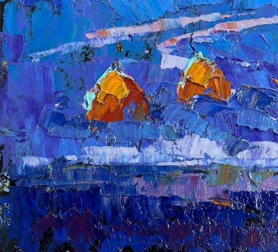 Image 1 of Original Oil Painting Winter Village Landscape Frosty stars in the evening sky