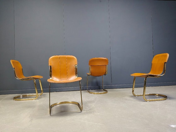 Image 1 of Vintage brass and cognac leather dining chairs by Willy Rizzo for cidue set of 4, 1970s