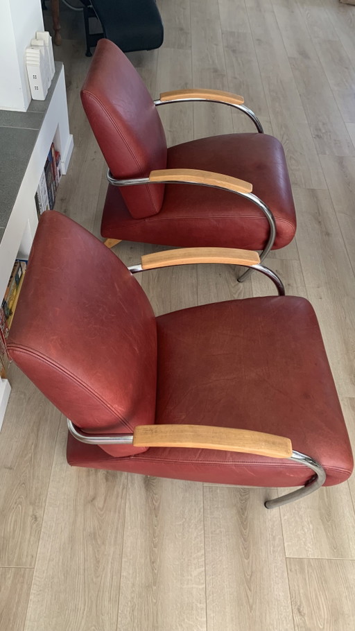 Lot de 2 Fauteuils Lotus Original Gelderland 5470 – Jan des Bouvrie – Cuir Bordeaux Rare