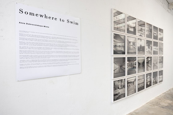 Image 1 of Pannello fotografico in bianco e nero composto da 24 pezzi raffigurante l'architettura di una piscina.