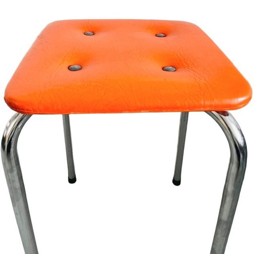 Mid-century tube frame stool orange leather 1970's