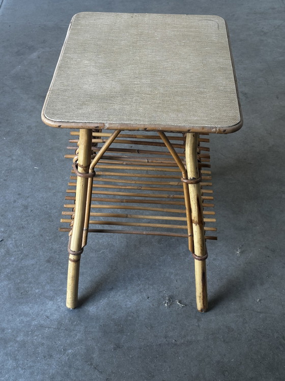 Vintage Bamboo and Rattan Side Table with Magazine Rack – 1970s – Osier seventies, Wicker (photo 5 of 11)