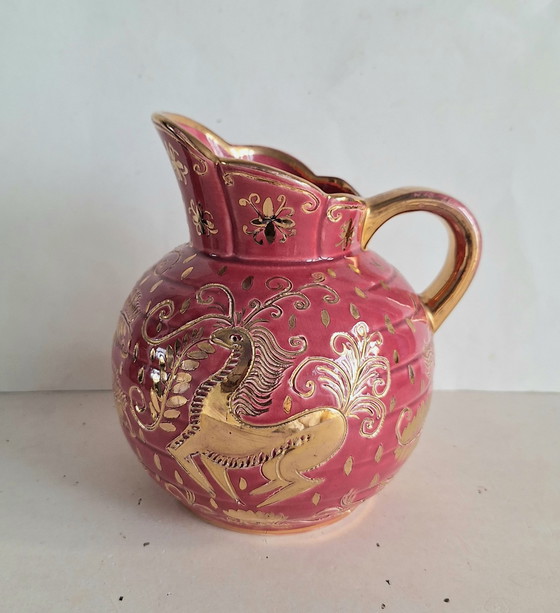 Image 1 of Brocca in ceramica d'epoca Jemappes Faïencerie Belgio con favolosi animali e motivi floreali.