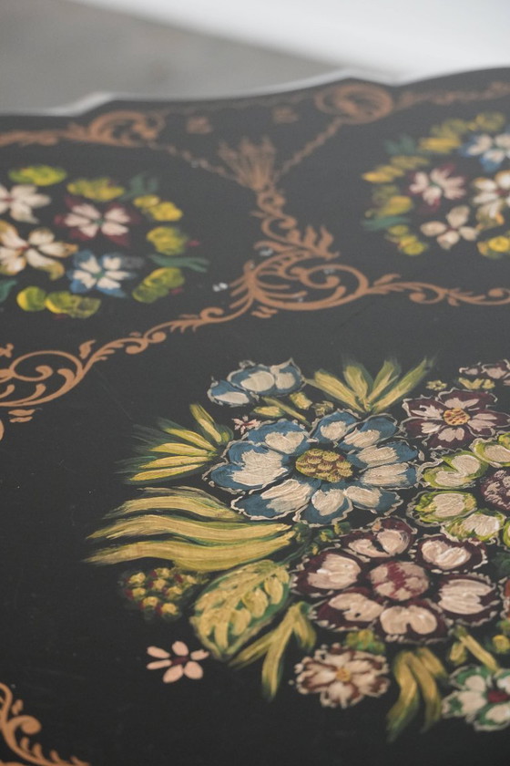 Image 1 of Antique English hand-painted floral tilt-top table from the late 19th century