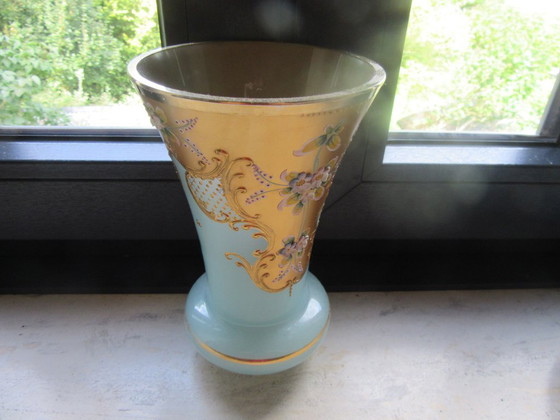 Image 1 of Art Nouveau Vase Large Heavy Enameled Turquoise Gold  