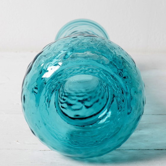 Image 1 of Turquoise Stylish Glass Flower Vase / Bibi Teal Hammered Textured Glass Vase / Italy / 1980s