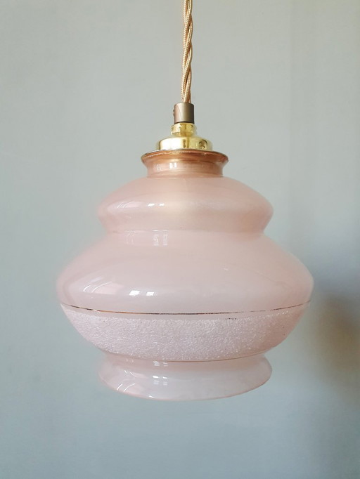 Vintage pink pendant lamp - opaline glass with frosted decorative edge