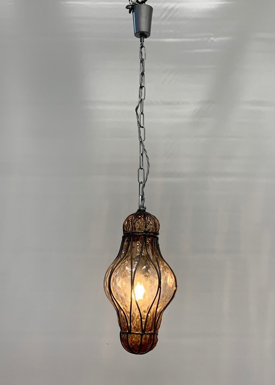 Image 1 of Murano lantaarn kroonluchter, gemaakt in Italië, 1970, amberkleur