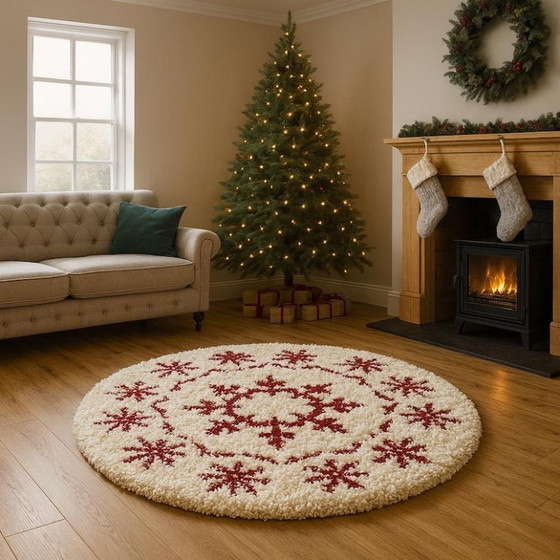 Image 1 of CHRISMAS Handmade Wool Snowflake Rug: Red & White Christmas Decor