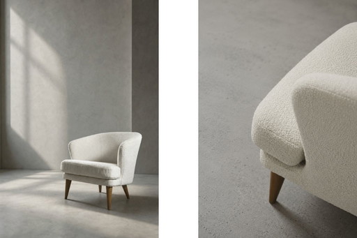 Low Mid-Century Scandinavian Modern Oak & Fabric Armchair with Rounded Backrest, 1960s