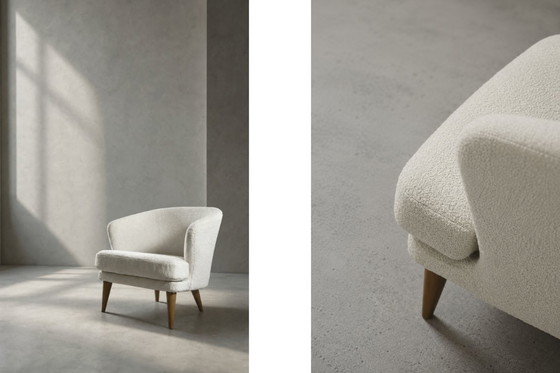 Image 1 of Low Mid-Century Scandinavian Modern Oak & Fabric Armchair with Rounded Backrest, 1960s