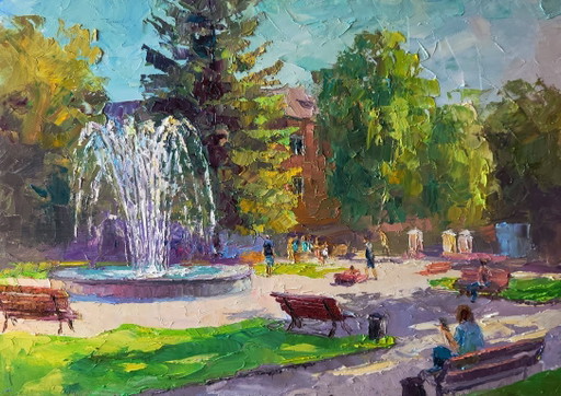 Dipinto ad olio originale. Paesaggio urbano, piazza, parco cittadino con fontana.