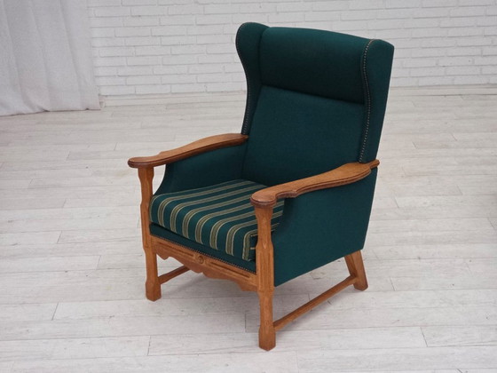 Image 1 of 1970s, Danish high back armchair, furniture wool, solid oak wood.