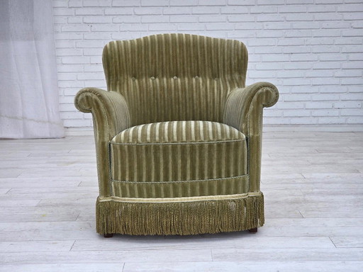 1960s, Danish armchair, original striped furniture velour, beech wood legs.