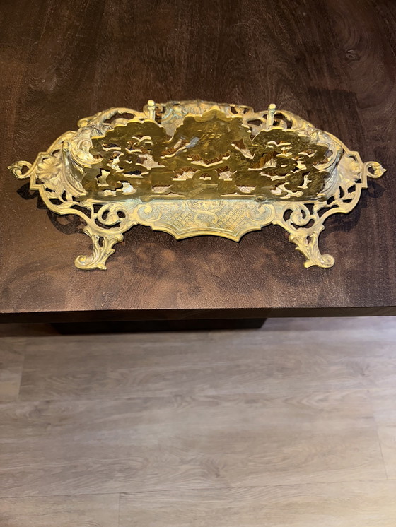 Image 1 of Rijk gedecoreerde antieke inktset van messing met mascaron – 19e eeuw