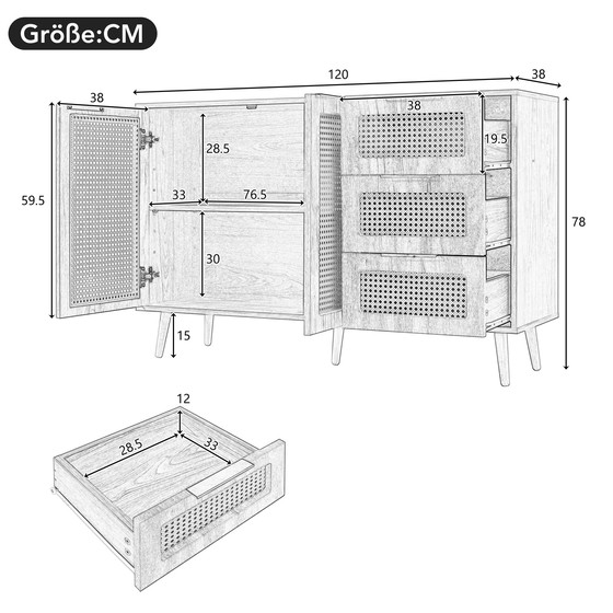 Image 1 of Urban Meuble vintage dressoir van rotan in walnoot houtlook met 2 deuren en 3 lades met zwarte handgrepen 120*38*78cm CRI
