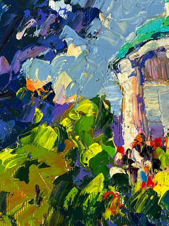 Image 1 of Peinture à l'huile originale représentant un paysage urbain estival dans un parc municipal