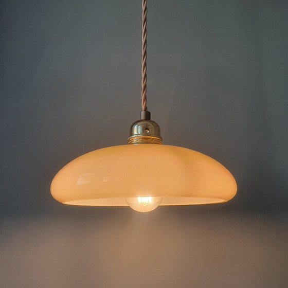 Vintage French Pendant Lamp - Pastel Yellow Opaline Glass – Metal (photo 10 of 12)