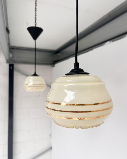 Set di 2 lampade da soffitto rotonde vintage beige, anni '60 – hanglampen, Glass