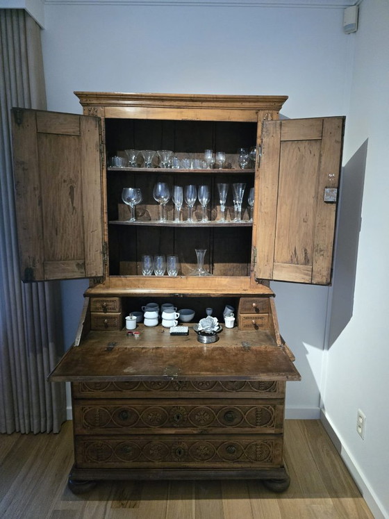 Antieke eiken schrijfkast/secretaire met rijk houtsnijwerk – Bureau, Wood (photo 3 of 10)