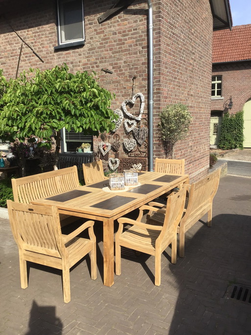 Beautiful large teak garden set Allure teak table with 4 chairs +2 benches