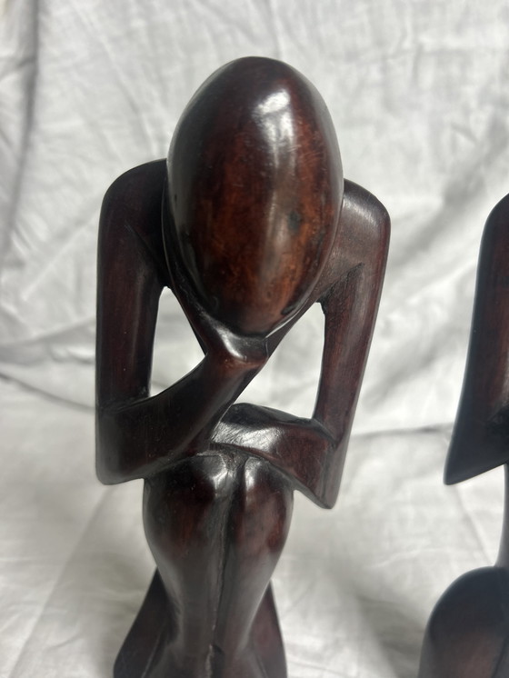 Image 1 of Houten beeld koppel seventies 70 de denker abstract