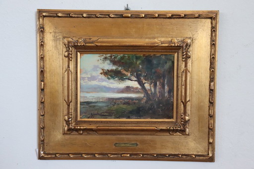 Paysage d'Ischia, peinture à l'huile sur panneau, Italie, début du XXe siècle