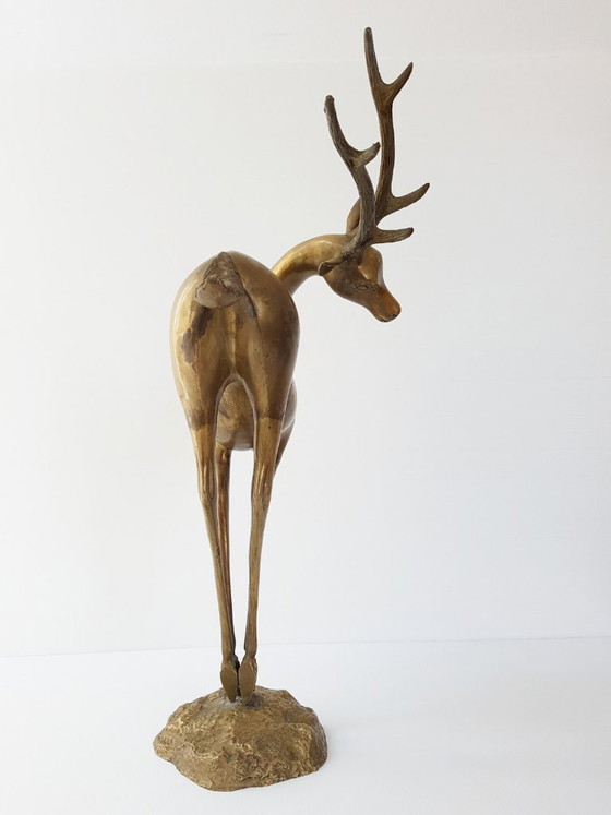 Image 1 of Important dancing stag, antelope, doe, and fawn in gilded brass, 1970s vintage 70s