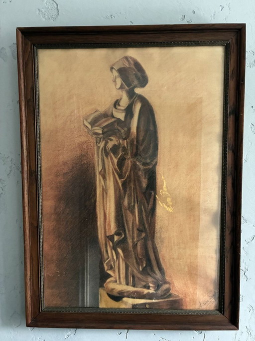 Disegno a pastello seppia di una figura di santo, datato 1930, cornice in rovere
