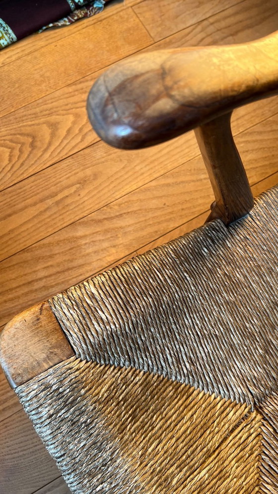 Image 1 of De Ster Gelderland landelijke brutalist midcentury kersenhouten stoel met rieten zitting