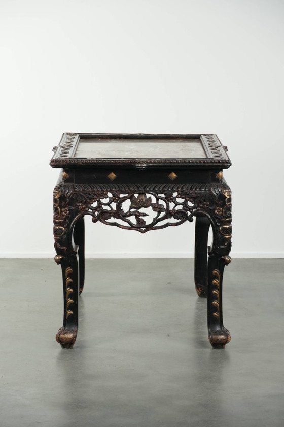 Image 1 of Schitterende niet veel voorkomende kleurrijke antieke Chinese 19e eeuwse houten sidetable/ opiumtafel met een marmeren blad