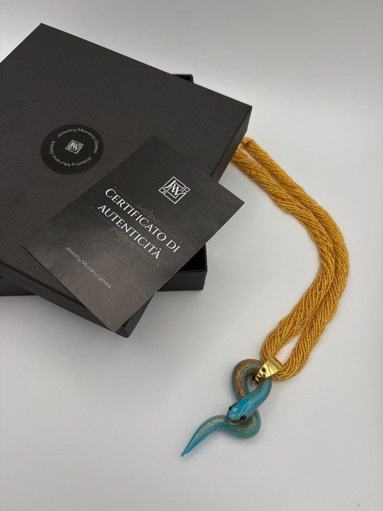 Image 1 of Murano Glass Chalcedony Snake Necklace with Gold Leaf – Venetian Handcrafted Sculpture