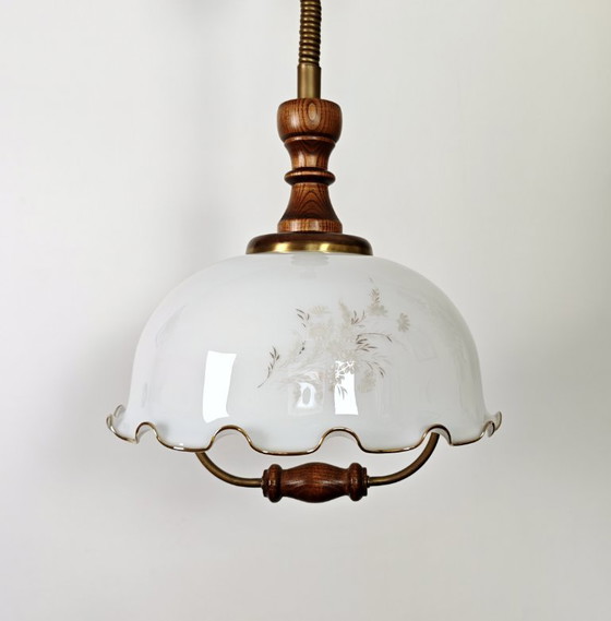 Image 1 of Vintage 1970s Opaline Glass Pendant Light / Mid Century Modern Ceiling Lamp / Scalloped Floral Shade with Wood Brass / 