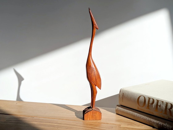 Image 1 of Kraanvogelsculptuur van teakhout uit het midden van de 20e eeuw, 34,5 cm, handgesneden in Deense stijl