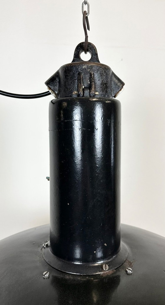 Image 1 of Industrial Black Enamel Factory Pendant Lamp with Iron Top, 1950s