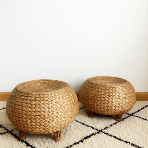 2x vintage woven rattan poufs circa 1970
