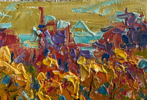 Image 1 of Original Oil Painting Autumn City Landscape Autumn city alley