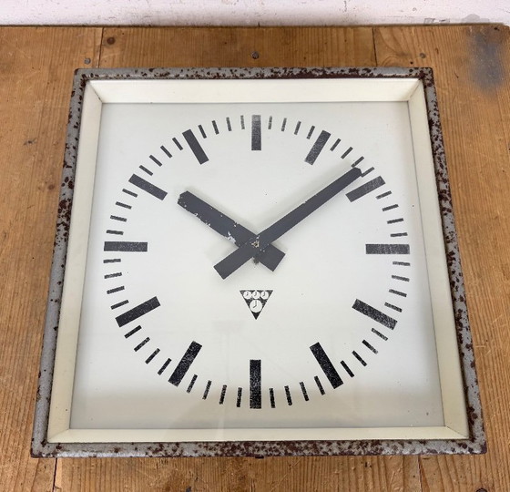 Image 1 of Grey Rusty Industrial Square Wall Clock from Pragotron, 1970s