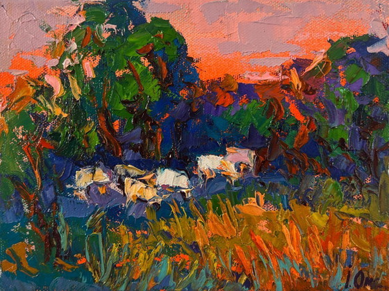 Image 1 of Original Oil Painting Summer Sunset Landscape Forest Evening