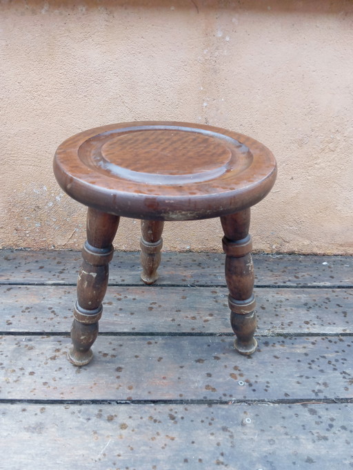 Ancien tabouret de berger en bois massif, tripode 1960