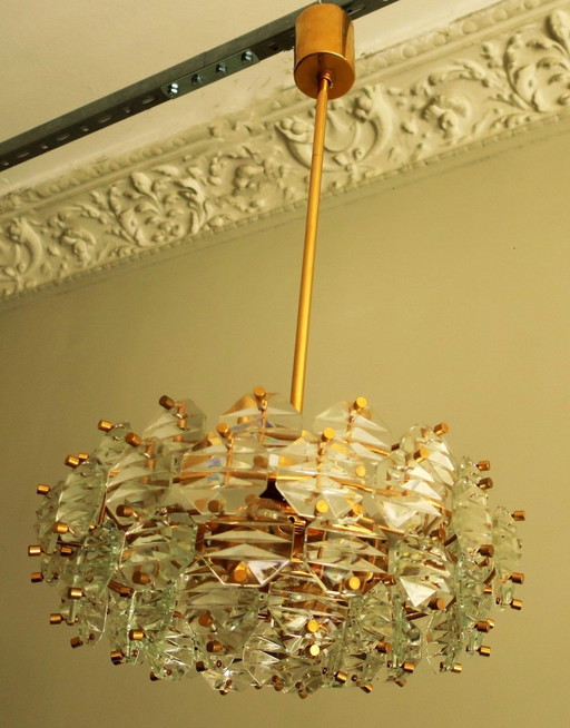 Kinkeldey Gold-Plated Brass and Faceted Glass Chandelier, 1960s
