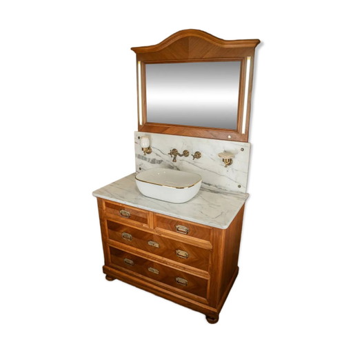 Meuble lavabo antique de 1928 en bois et marbre avec miroir éclairant.
