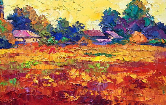 Original Oil Painting Rural Landscape Meadow Church Sunset Over The Village – Paintings & Drawings, Canvas (photo 7 of 7)