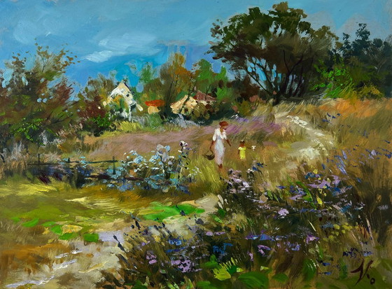 Image 1 of Original Oil Painting Summer Village Landscape Joyful walks through the field
