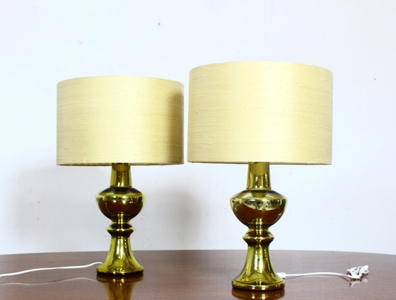 Image 1 of Set of two luxury Uno & Osten gold table lamps with silk shades, Sweden 1970