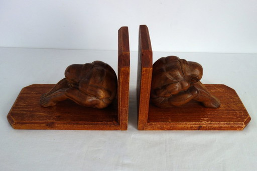 Vintage houten boekensteunen, wenende Boeddha