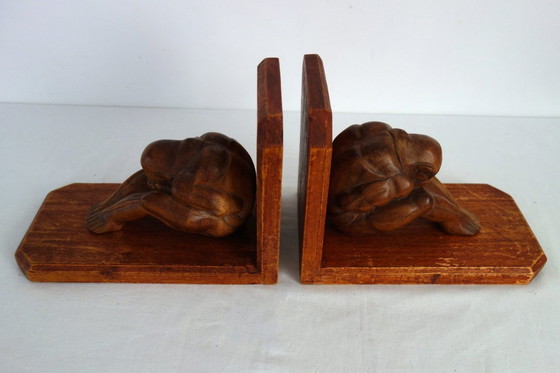 Image 1 of Vintage wooden bookends, weeping Buddha