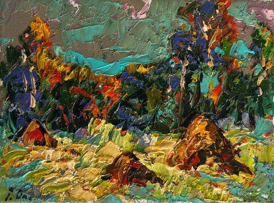 Image 1 of Original Oil Painting Summer Forest Landscape Haystacks in the field